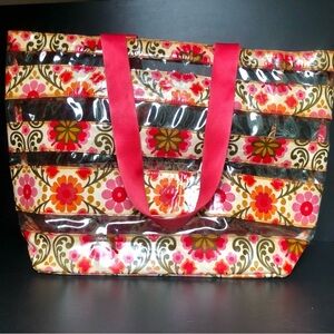 Vera Bradley FOLKLORIC Plastic Tote Bag Pink Red Clear Striped Beach Bag